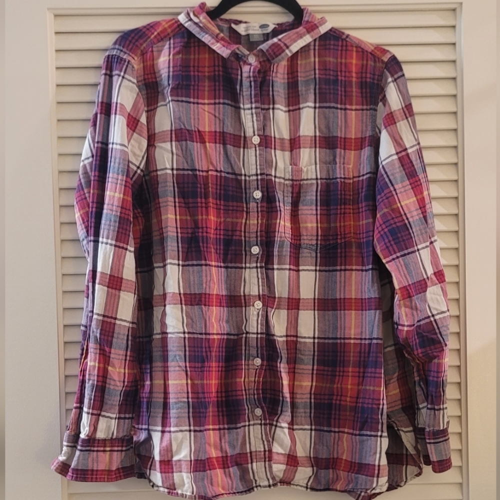 Old Navy - (Plus-Size) 100% Cotton White/Yellow/Blue/Pink Plaid Button Shirt